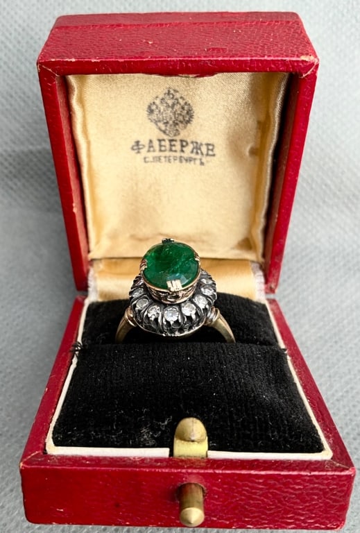 Russian Antique gold diamond 3.7ct Emerald ring: Russian Antique gold diamond 3.7ct Emerald ring size 8Beautiful Russian Antique 14 ct Gold ring, approximately 3.7 ct. Emerald, single cut diamonds , stamped 56 and maker marks, 4.6 grams , size 8