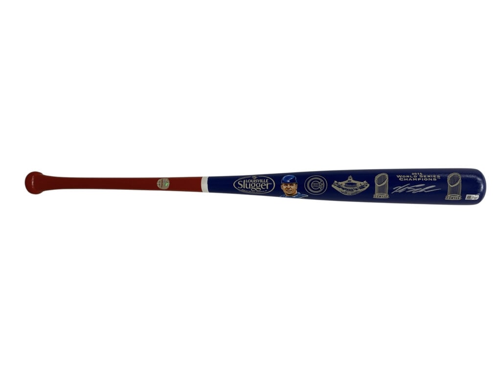 Chicago Cubs 2016 World Series Champions Bat 1/1: Louisville Slugger Chicago Cubs 2016 world series champions Kyle Schwarber 1 of 1 hand signed commemorative baseball bat. Three authentication stickers along the bat. Signed in marker on right side, w