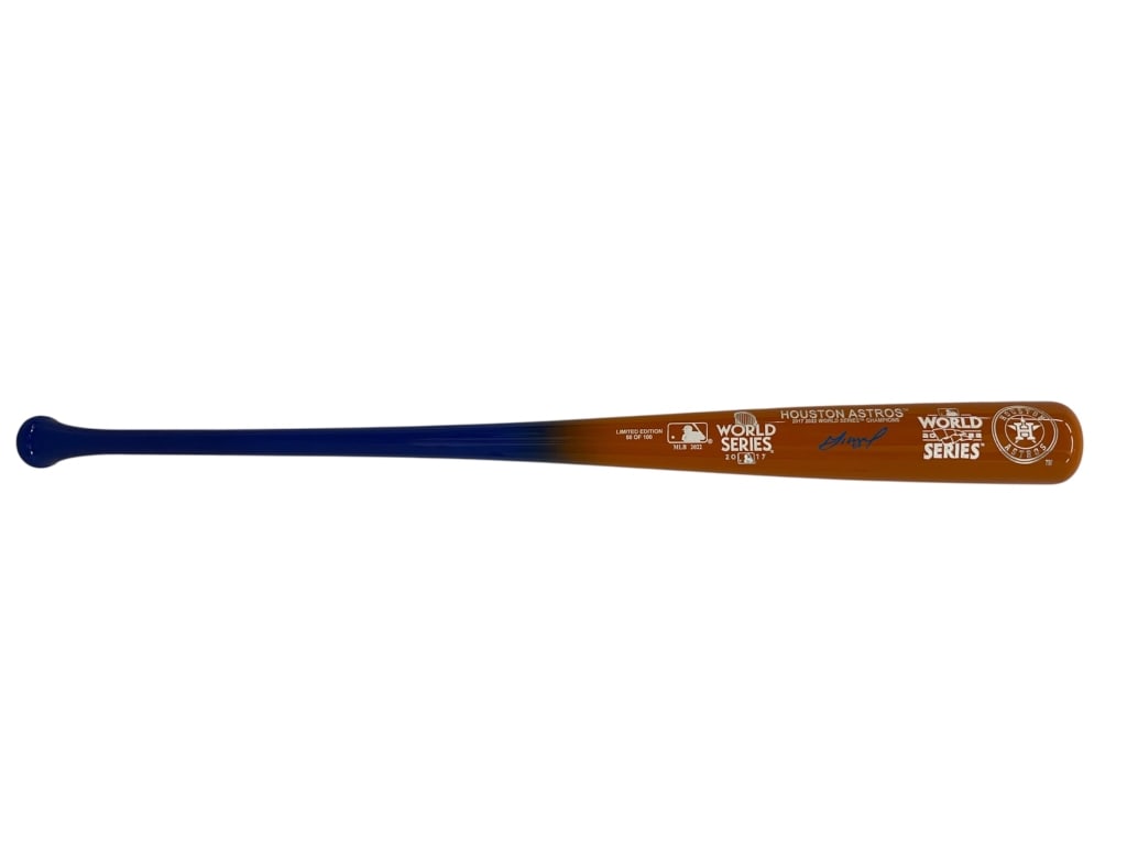 Astros Jose Altuve Signed LE World Series Bat: Houston Astros Jose Altuve signed limited edition 2017 2022 world series champions commemorative bat. Holo sitcker with serial number on the knob 'Beckett Witnessed'. Bat is numbered 50/100. In good