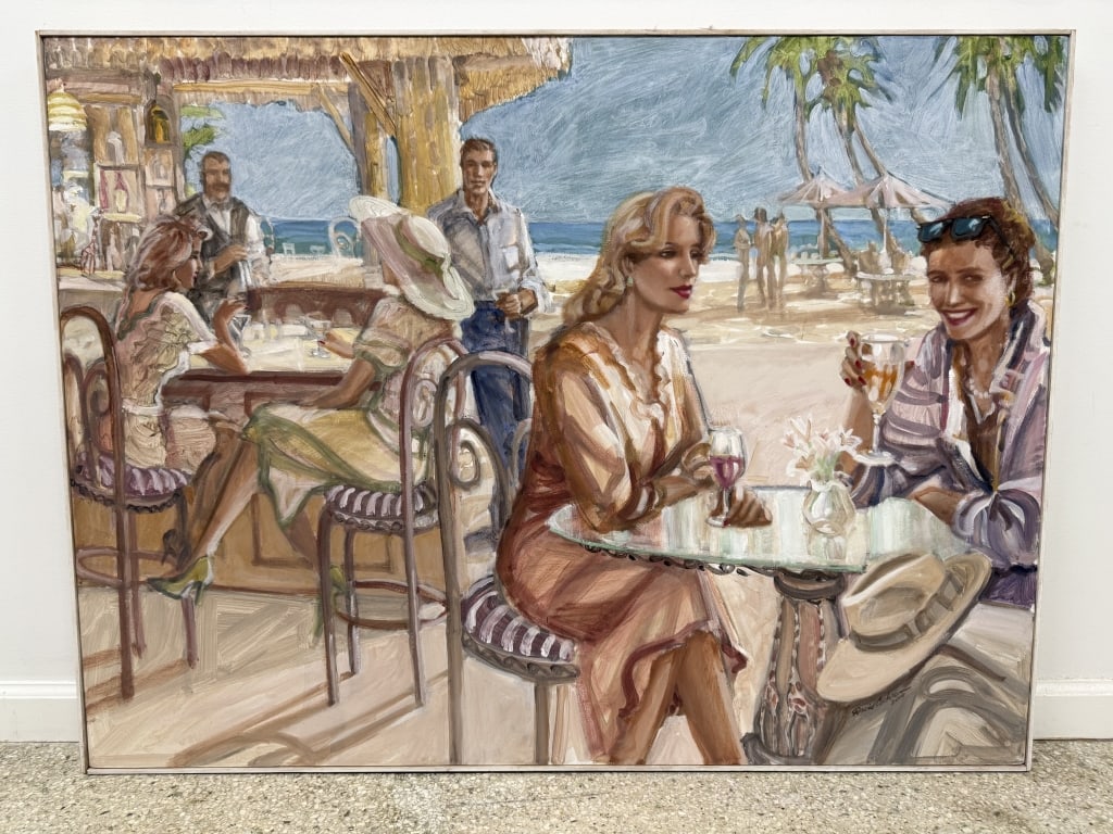 David Cochran (20th c.) Oil/Canvas: David Cochran, American (20th c.) oil on canvas "Beach Bar". Signed and dated 2000 lower right under the hat. Well framed and in good condition.Frame measures 36 1/4" x 48 1/2"Work measures 35 3/4" x