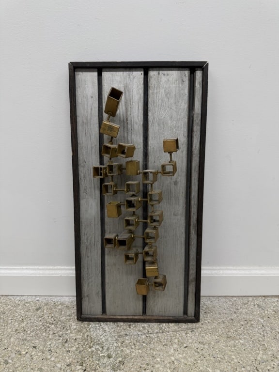 Contemporary Mixed Media Metal Cube Art: Contemporary mixed media metal cube art, artist unknown. Unsigned. Metal on wood. Some wear on frame and on metal cubes, otherwise in good condition.Measures 24" x 12"