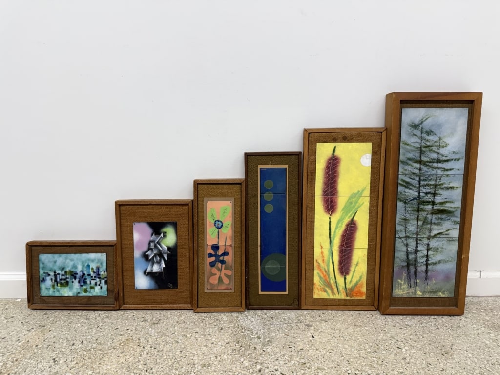 Lot Of Framed Tile Art: Lot of 6 framed painted tile art. 3 pieces are unsigned, 3 pieces are signed, 2 of them George P. Waricher and the other R. H. Sutton. Some wear on each and pink piece has a broken wood support along