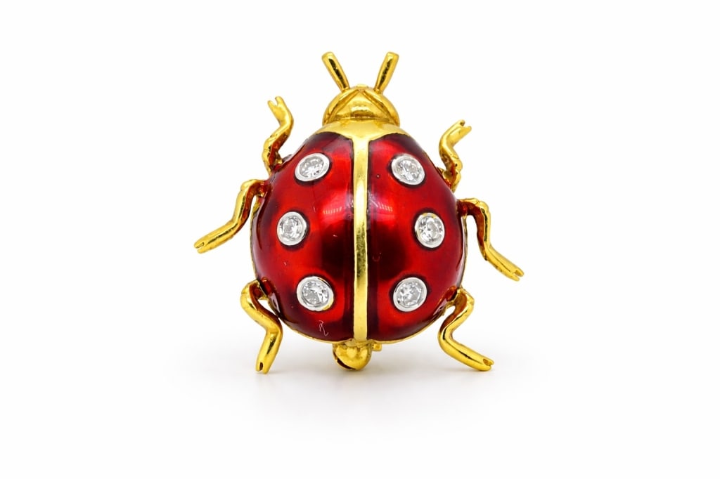 Possibly Cartier, 18k Enamel & Diamond Brooch: Possibly Cartier, 18k Enamel & Diamond Lady Bug Brooch. Stamp 18k Total Weight 4.0 Measures 1 Inch