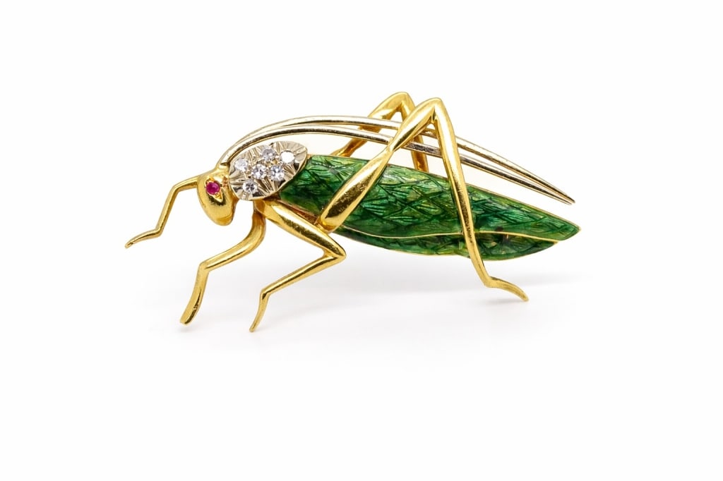 18K Ruby Diamond & Enamel Grass Hopper Brooch: 18K Italian, Ruby Diamond & Enamel Grass Hopper Brooch 18K Italian, Signed 5.6 DWT. Measures 1 3/4 Length