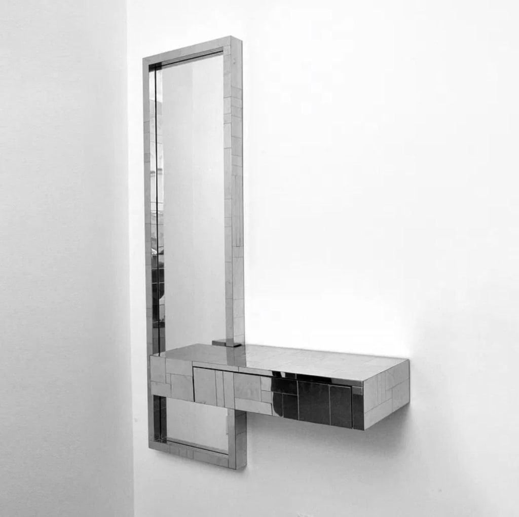 Paul Evans Mirror & Console: Paul Evans; Paul Evans Studio for Directional Markings none Country of Origin & Materials USA; chromed metal, mirror Additional Information & Circa Model is "Cityscape" and is comprised of two