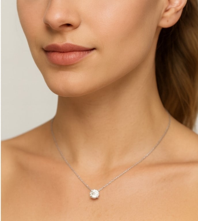 White Gold Diamond Necklace: White Gold Diamond Necklace - V49063 SKU: 49063 A minimalist masterpiece, this refined diamond necklace is crafted in luminous white gold and showcases a single round brilliant cut diamond weighing