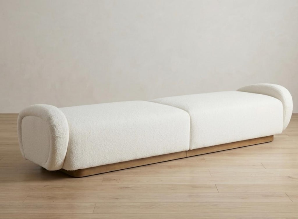 Newly upholstered in boiled wool brass base sofa: Newly upholstered in boiled wool fabric brass base backless sofa Measures: 9ft long x 42 inch deep Pick up location, West Los Angeles California. All items are coming from LA.