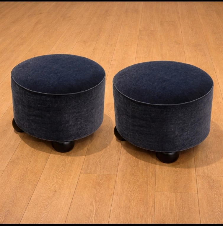 Pair of John Royere foot stools mohair & leather (1 of 1)