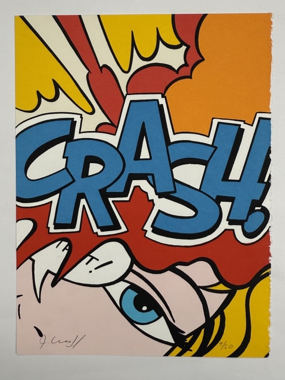 John 'Crash' Matos (b. 1961) Signed Serigraph: John 'Crash' Matos, American (b. 1961) signed serigraph "Blue Crash". Signed lower left, numbered 9/50 lower right. Wear along the right side of the work, otherwise in good condition. Measures 14 7/8"