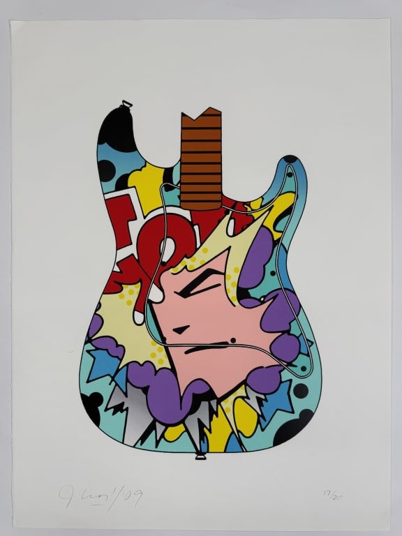 John 'Crash' Matos(b.1961) Signed Lithograph: John 'Crash' Matos, American (b.1961) signed lithograph "Face Guitar". Signed and dated '09 lower left, numbered 17/20 lower right. Minor wear along the edges of the work, otherwise in good condition.