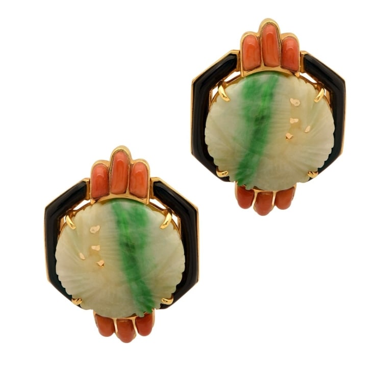 18K Yellow Gold Coral, Jade & Onyx Earrings: Stunning 18K Yellow Gold Coral, Jade & Onyx Earrings - Vintage Inspired Elegance SKU: 50620 Bold, sculptural, and richly styled, these 18k Yellow Gold Coral, Jade & Onyx Earrings are a striking celebr