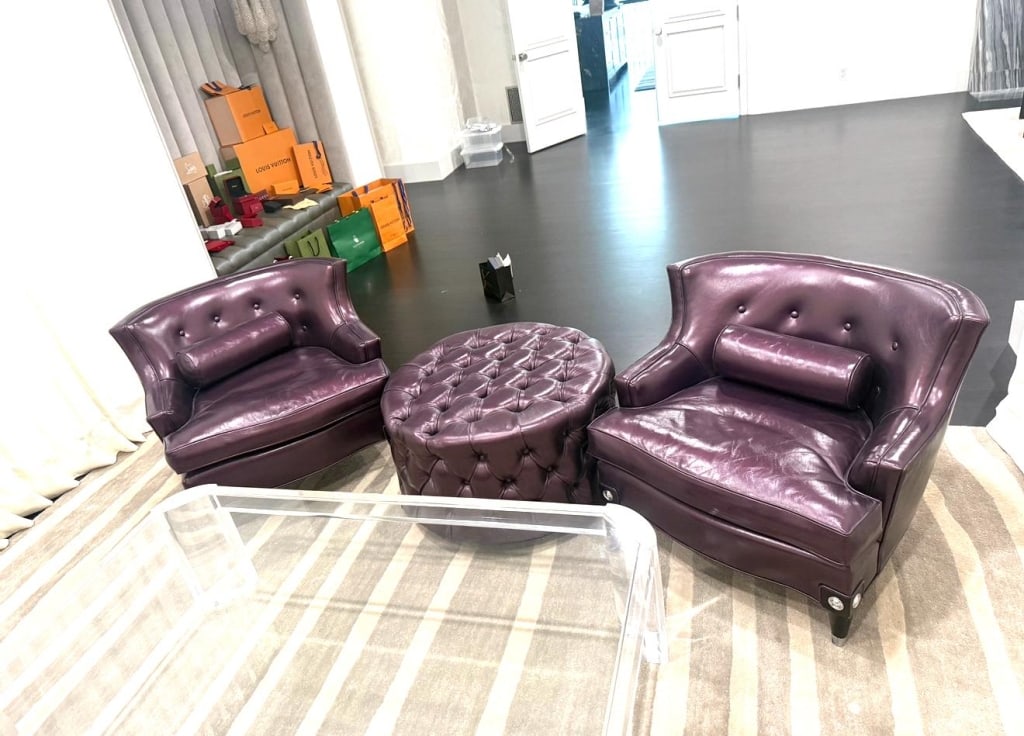 Purple Metallic Arm Chairs and Ottoman.: Purple Metallic Arm Chairs and Ottoman. All items are coming from LA.
