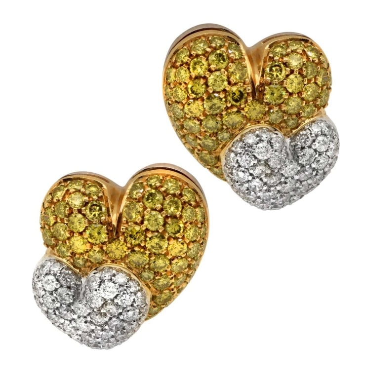 Salvetti 18K Two-Tone Gold Diamond Heart Earrings,: Salvetti 18K Two-Tone Gold Diamond Heart Earrings, 3.93 Carat Brilliant Diamonds SKU: 50609 Experience the essence of Italian luxury with the exquisite Salvetti 18K Two-Tone White and Yellow Gold