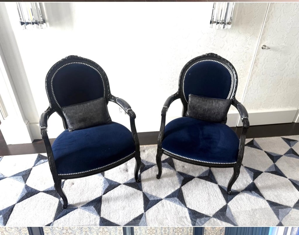 Pair of Velvet and Patent Leather Salon Chairs.: Pair of Velvet and Patent Leather Salon Chairs. All items are coming from LA.