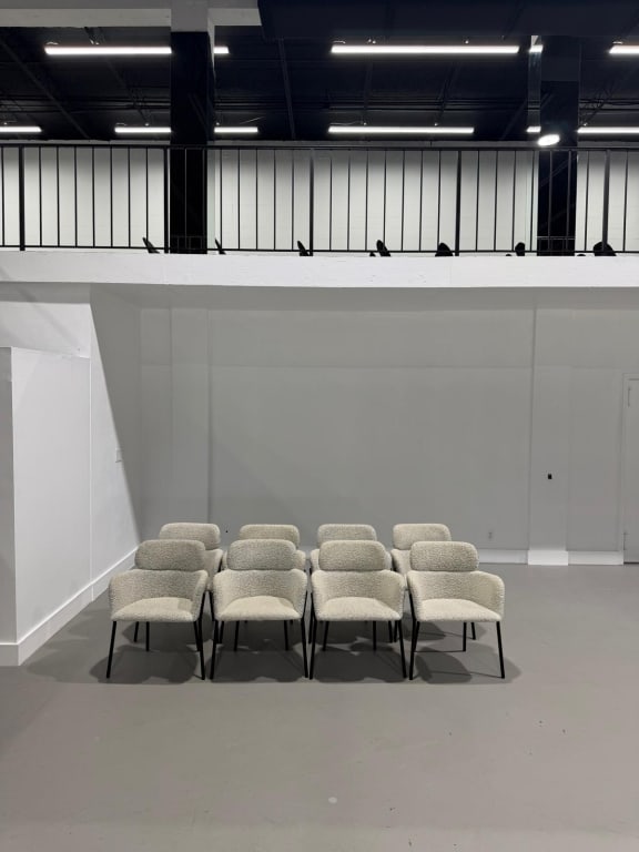 Set of (8) Eight Dining Chairs: Set of (8) Eight Dining Chairs, each. Boucle fabric Measure: 31 high 25 wide 25 deep 300-500