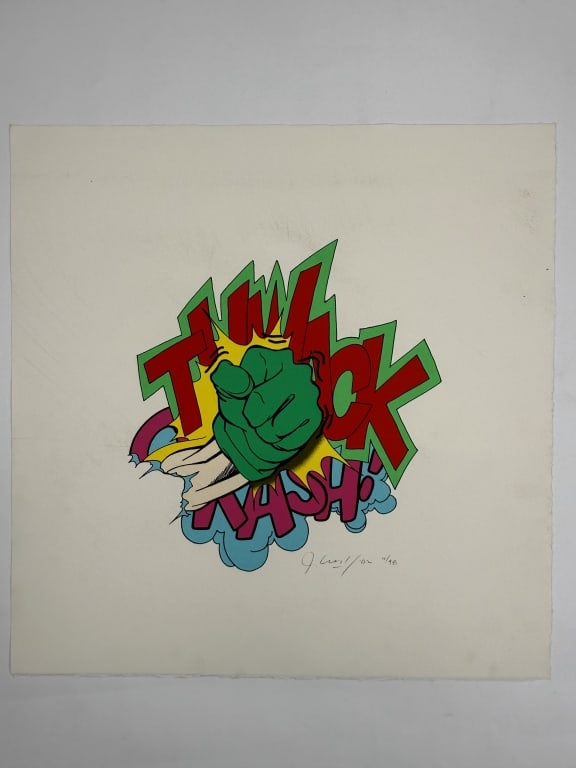 John 'Crash' Matos (b. 1961) Signed Serigraph: John 'Crash' Matos, American (b.1961) signed serigraph "Thwack". Signed, dated '02 and numbered 11/98 lower right. Some minor wear along the bottom and right edges of the work and some minor blemishin