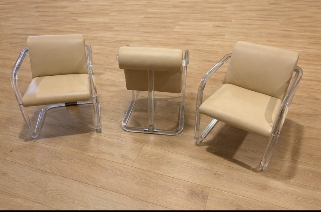 3 signed lion frost lucite and chrome chairs: 3 signed lion in the frost lucite and chrome side chairs Newly upholstered in beige leather