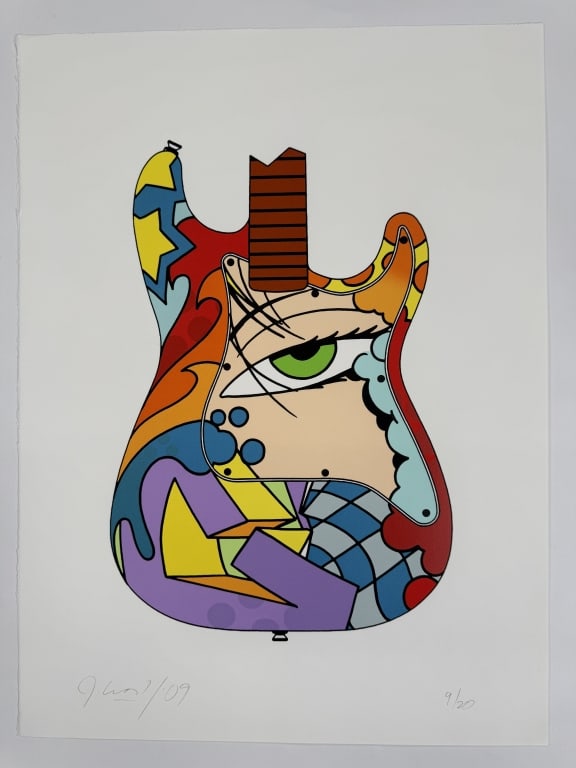 John 'Crash' Matos (b. 1961) Signed Lithograph: John 'Crash' Matos, American (b. 1961) signed lithograph "Green Eye Guitar". Signed and dated '09 lower left, numbered 9/20 lower right. Minor wear along the edges of the work, otherwise in good
