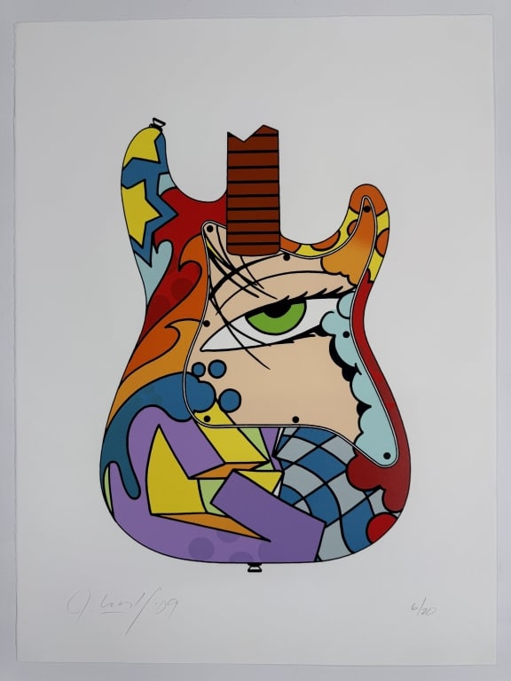 John 'Crash' Matos (b. 1961) Signed Lithograph: John 'Crash' Matos, American (b. 1961) signed lithograph "Green Eye Guitar". Signed and dated '09 lower left, numbered 6/20 lower right. Minor wear along the edges of the work, otherwise in good condi