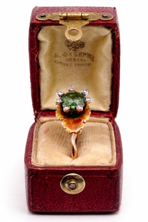 Russian antique gold diamond enamel ring: Russian antique gold 1.97 GIA demantoid garnet, diamond enamel ring. Nice rich green color Weight 6,2 grams Size 6.5