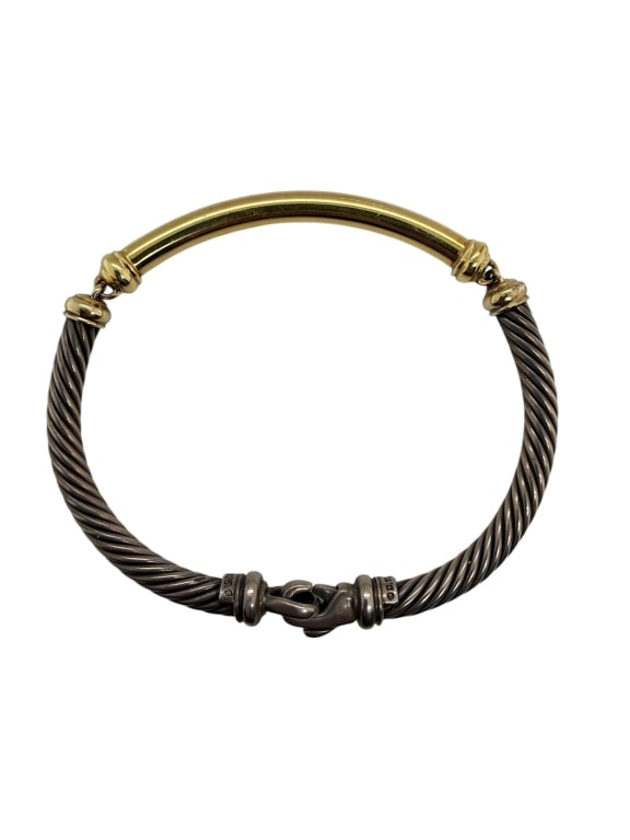 David Yurman Silver/14k Gold 3 Section Bracelet: Vintage David Yurman .925 sterling silver 14k gold 3 section rope bracelet. Stamped '585 925' on one end of bracelet and stamped 'David Yurman' on other end. Some signs of age/use and some toning on s