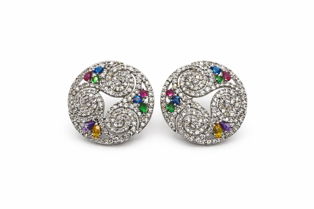 Pair 925 Sterling Silver Multicolor CZ Earrings: Pair of .925 sterling silver multicolor cubic zirconia earrings. Stamped '.925' on both backs. Some minor signs of wear and minor tarnishing on backs, otherwise in very good condition. Weight 9g