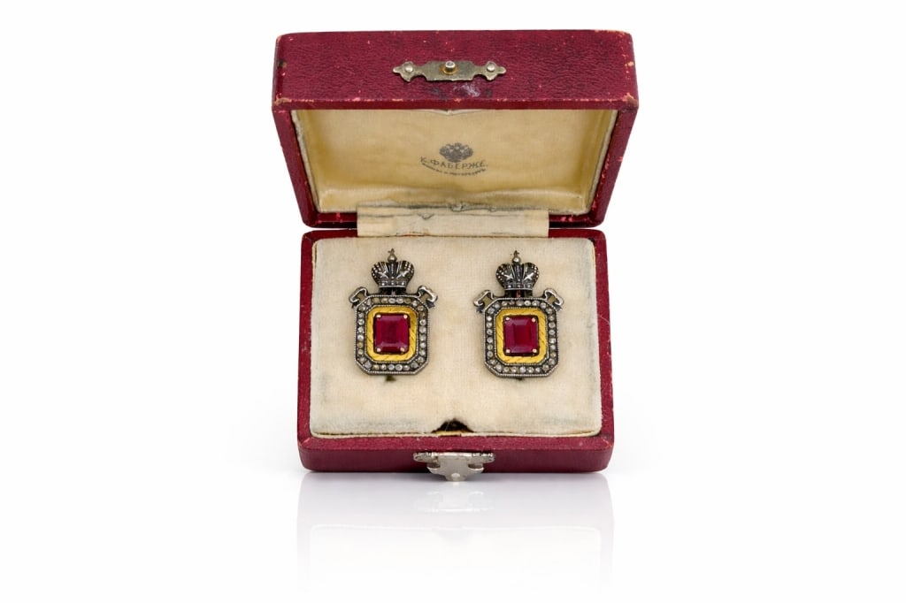 Russian Empire 14ct Gold, Diamond, Ruby Earrings: Russian Empire 14ct Gold, Silver, Diamond, Ruby Earrings 5 carats total approximately, stamped 56 and makers mark