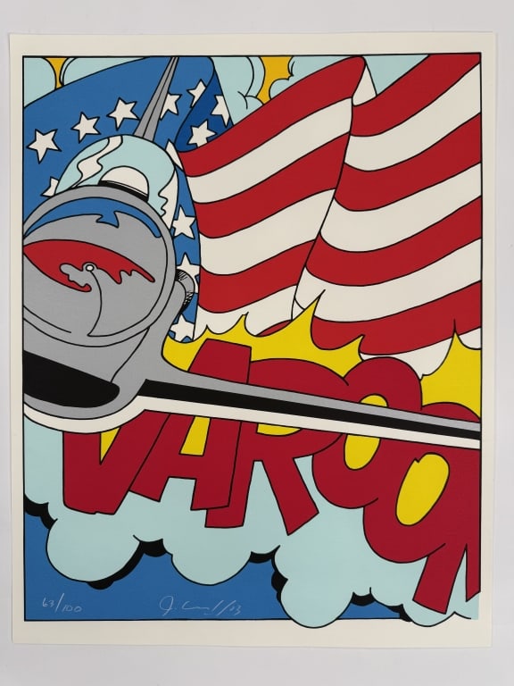 John 'Crash' Matos (b. 1961) Signed Lithograph: John 'Crash' Matos, American (b.1961) signed lithograph "American Thunderbirds". Signed and dated '03 lower center, numbered 63/100 lower left. In good condition. Measures 27 3/8" x 21 5/8" 8B