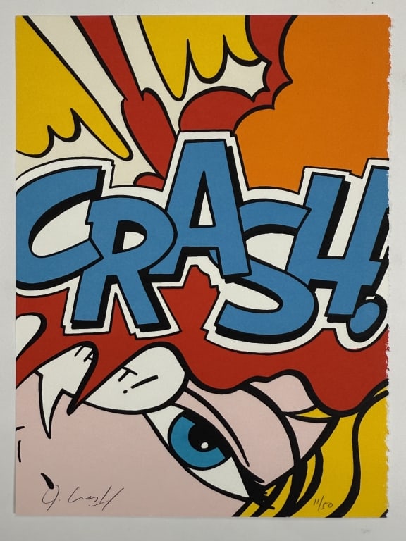 John 'Crash' Matos (b. 1961) Signed Serigraph: John 'Crash' Matos, American (b. 1961) signed serigraph "Blue Crash". Signed lower left, numbered 11/50 lower right. Wear along the right side of the work, otherwise in good condition. Measures 14 7/8