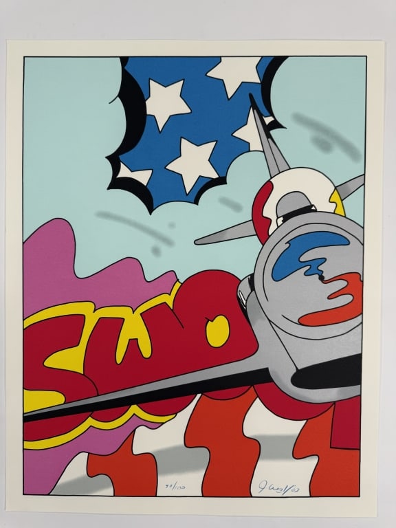 John 'Crash' Matos (b.1961) Signed Lithograph: John 'Crash' Matos, American (b.1961) signed lithograph "American Thunderbirds". Signed and dated '03 lower right and numbered 59/100 lower center. In good condition. Measures 27 3/8" x 21 5/8" 8B