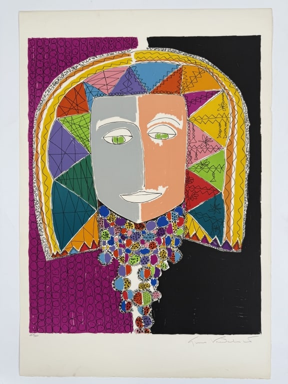 Gloria Vanderbilt (1924-2019) Signed Lithograph: Gloria Vanderbilt, American (1924-2019) signed lithograph "Egyptian Head". Signed lower right and numbered '283/300' lower left. Signed in pencil. Some minor wear along the edges of the work and minor