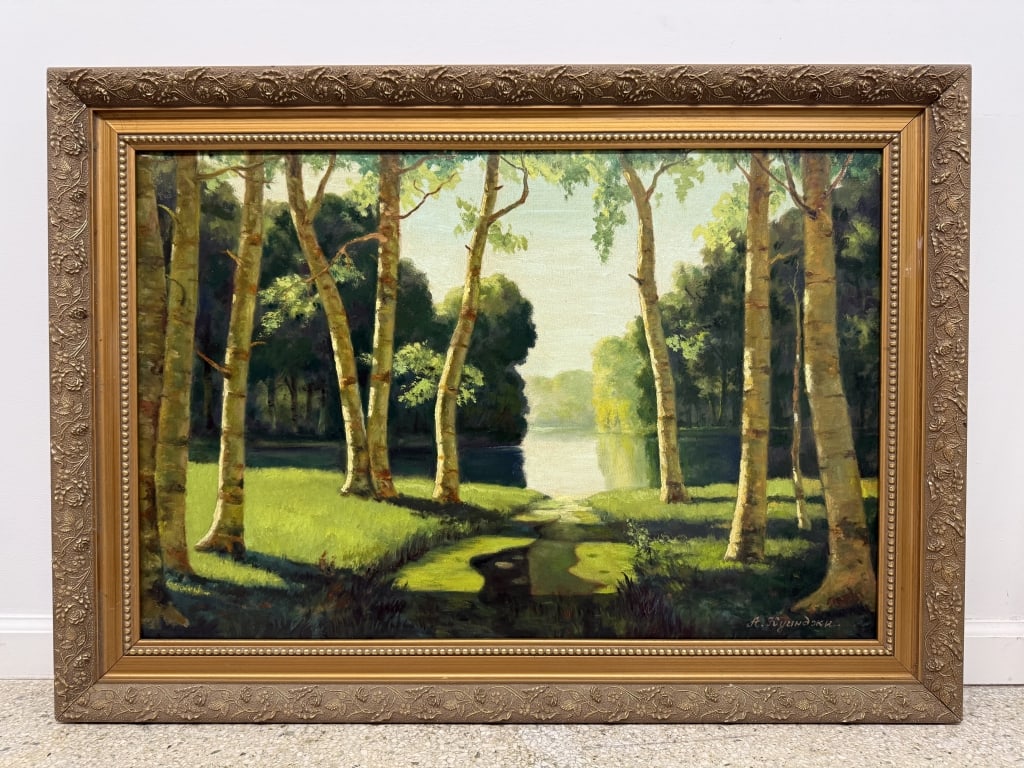Attributed To: Arkhip Kuindzhi Oil/Canvas: Attributed to: Arkip Ivanovich Kuindzhi, Ukranian (1842-1910) oil on canvas "A Birch Grove". Signed lower right. Well framed and in good condition. Frame measures 30" x 42 1/4" Work measures 24" x
