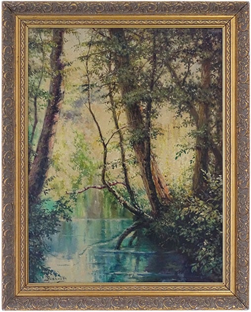 After: Vasily Polenov (1844-1927) Oil/Canvas: After: Vasily Polenov, Russian (1844-1927) Signed Vintage Oil on Canvas "Forest Scene" Vintage oil painting on canvas depicting a serene forest landscape. Signed lower left. Minor surface wear consist