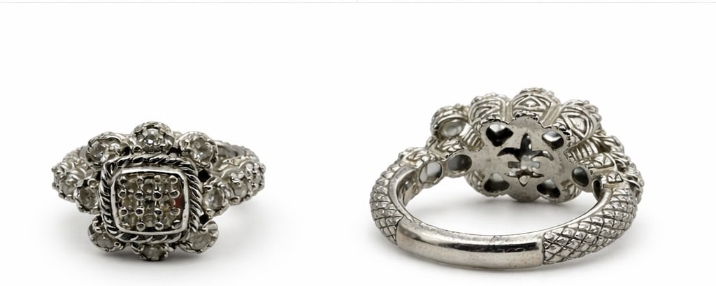 Judith Ripka Engraved Sterling Silver CZ Ring: Judith Ripka engraved .925 sterling silver cubic zirconia ring. Stamped 'Judith Ripka 925 CZ Thailand' on inside. Very minor signs of wear, otherwise in good condition. Size 6 Weight 8g