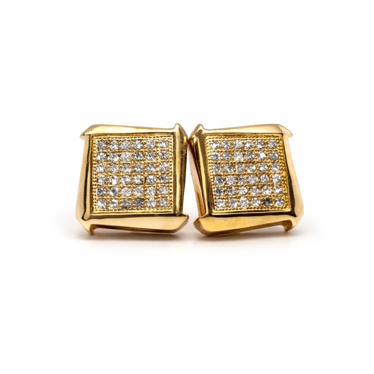 .925 Sterling Silver Gold Toned Square CZ Earrings: Pair of gold toned .925 sterling silver square cubic zirconia earrings. Stamped '925' on earrings and earring backs. Minor signs of wear, otherwise in good condition. Weight 5g