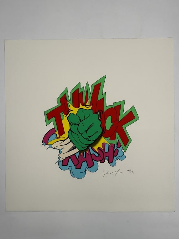 John 'Crash' Matos (b. 1961) Signed Serigraph: John 'Crash' Matos, American (b.1961) signed serigraph "Thwack". Signed, dated '02 and numbered 88/98 lower right. Some minor wear along the edges of the work, otherwise in good condition. Measures 20