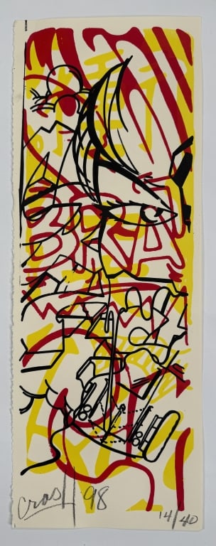 John 'Crash' Matos (b. 1961) Signed Serigraph: John 'Crash' Matos, American (b.1961) signed serigraph "Brat". Signed and dated '98 lower left and numbered 13/40 lower right. Minor wear along the edges of the work, otherwise in good condition. Meas