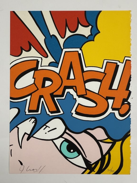 John 'Crash' Matos (b. 1961) Signed Serigraph: John 'Crash' Matos, American (b.1961) signed serigraph "Crash Orange". Signed lower left and numbered 20/50 lower right. Minor wear along the right side of the work, otherwise in good condition. Measu