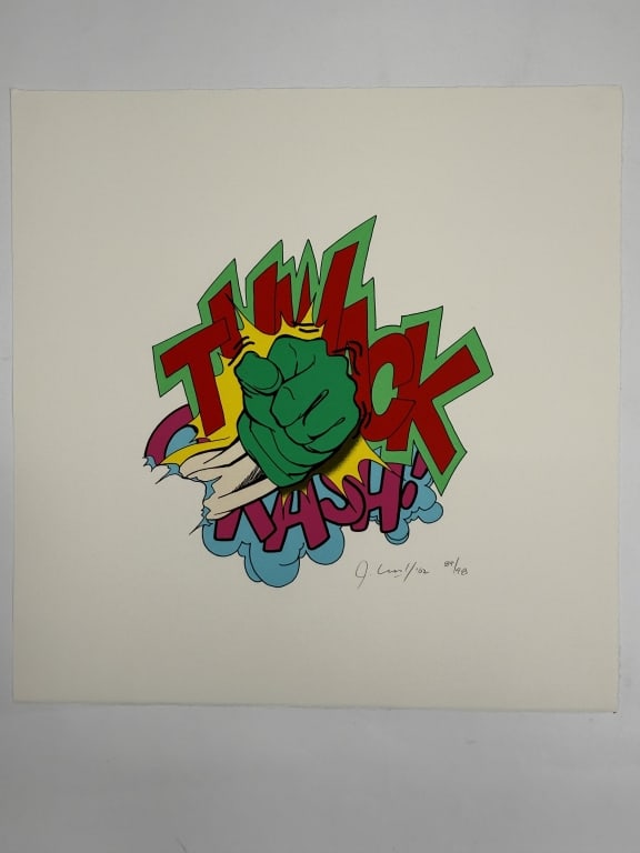 John 'Crash' Matos (b. 1961) Signed Serigraph: John 'Crash' Matos, American (b.1961) signed serigraph "Thwack". Signed, dated '02 and numbered 89/98 lower right. Some minor wear along the edges of the work, otherwise in good condition. Measures 20