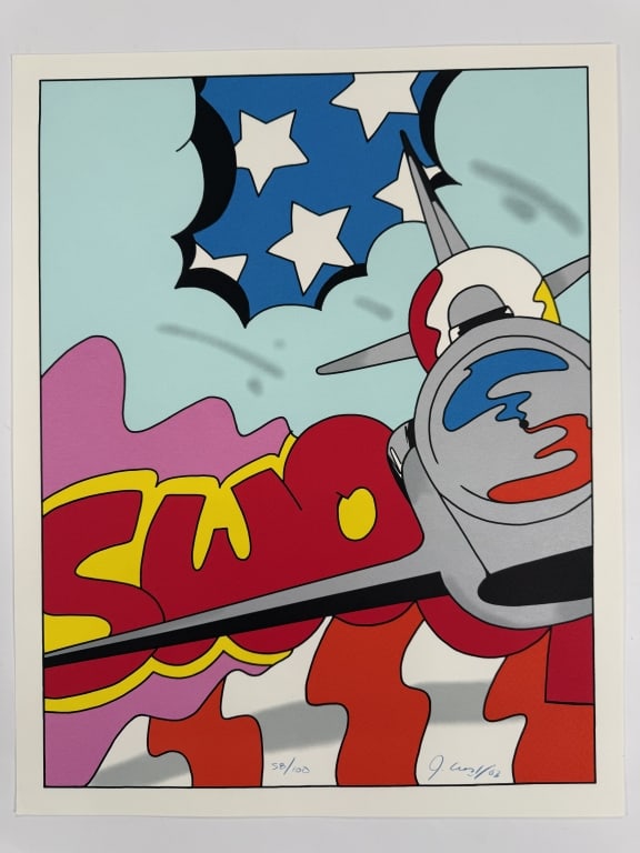 John 'Crash' Matos (b.1961) Signed Lithograph: John 'Crash' Matos, American (b.1961) signed lithograph "American Thunderbirds". Signed and dated '03 lower right and numbered 58/100 lower center. In good condition. Measures 27 3/8" x 21 5/8" 8B