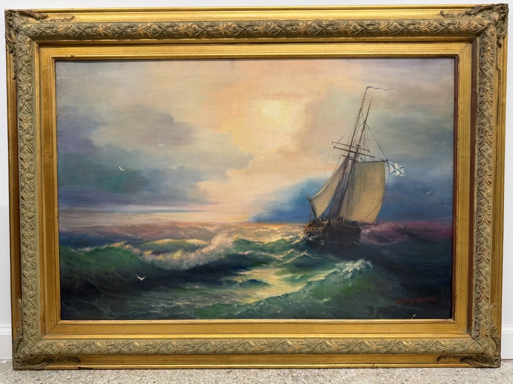 Attributed To: Ivan Aivazovsky Oil/Canvas: Attributed to: Ivan Aivazovsky, Russian (1817-1900) oil on canvas "Sailing The Seas". Signed lower right. Some minor wear on frame, otherwise in good condition. Frame measures 33" x 45" Work measures
