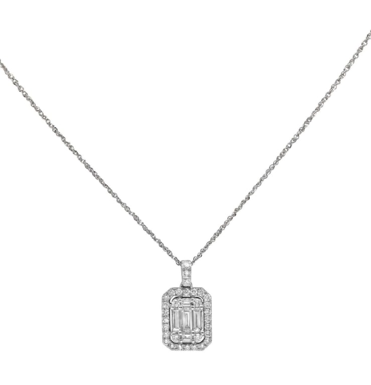 White Gold Diamond & Baguette Necklace: Elegant 0.85 Ct White Gold Diamond & Baguette Necklace - Modern Art Deco Design SKU: 47880 Elevate your jewelry collection with the exquisite White Gold Diamond & Baguette Necklace. This stunning piec