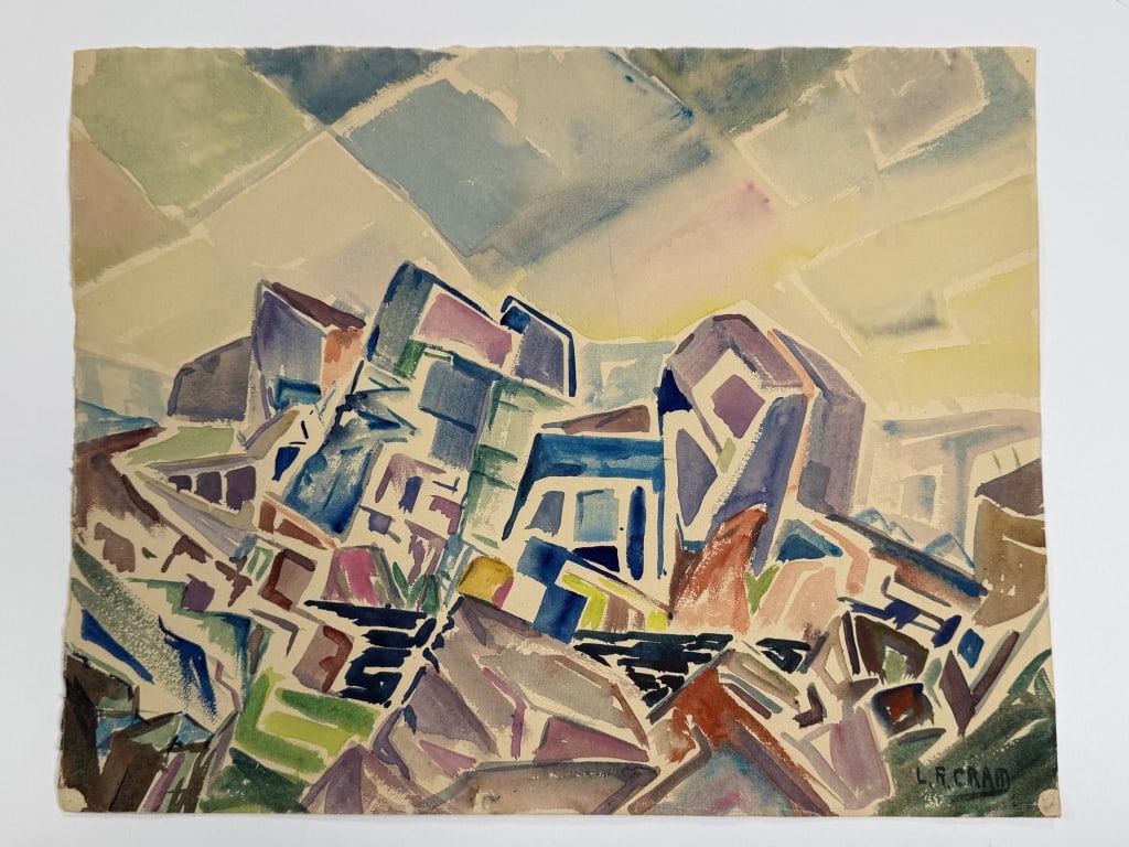 Leighton Cram (1895-1981) Watercolor/Paper: Leighton R. Cram, American (1895-1981) watercolor on paper abstract expressionist landscape scene. Signed lower right. Minor wear and creasing along the edges of the work, otherwise in good condition.
