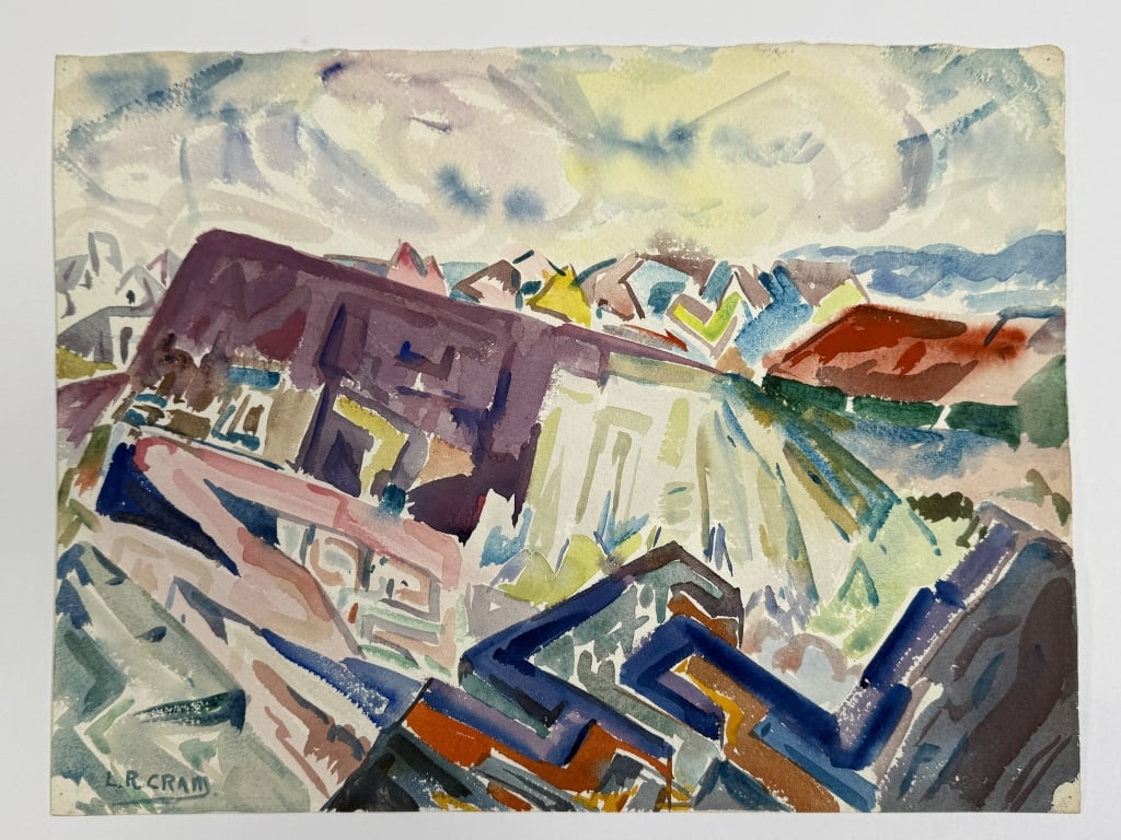 Leighton Cram (1895-1981) Watercolor/Paper: Leighton R. Cram, American (1895-1981) watercolor on paper abstract expressionist landscape scene. Signed lower left. Minor wear along the edges of the work, otherwise in good condition. Measures 12"