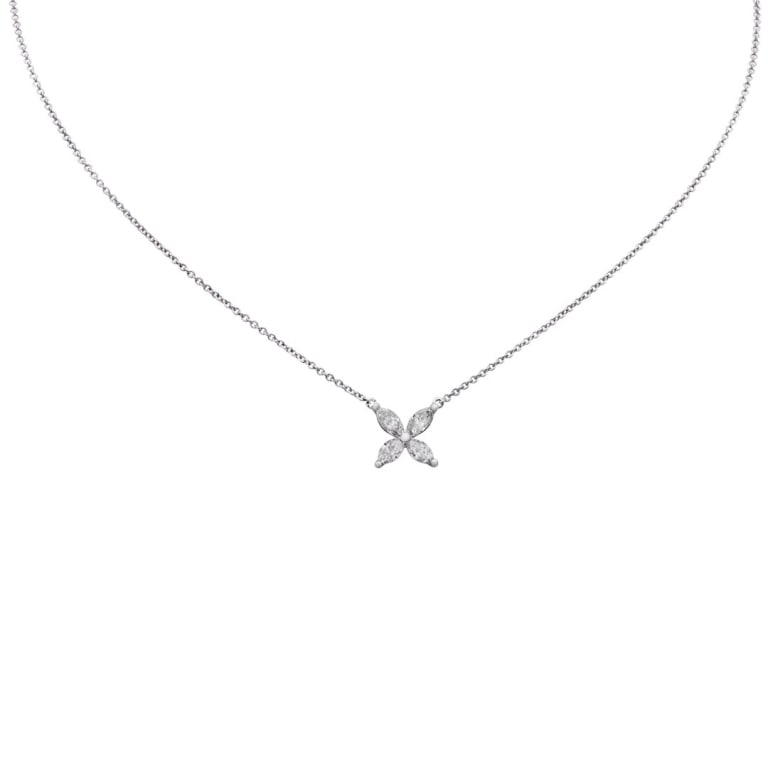 18k White Gold and Diamond Necklace- V53324: Delicate and elegant, this 18k white gold diamond necklace features four beautifully set marquise-cut diamonds totaling 0.80 carats. The graceful elongated shape of the marquise diamonds creates a ref