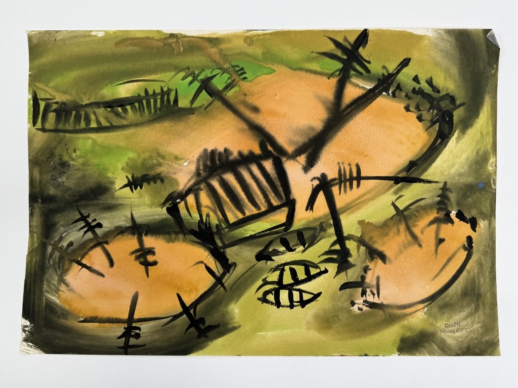 Rolph Scarlett (1889-1984) Gouache/Paper: Rolph Scarlett, Canadian (1889-1984) gouache on paper untitled abstract painting. Signed lower right. Minor wear and creasing along the edges of the work, otherwise in good condition. Measures 12" x 1