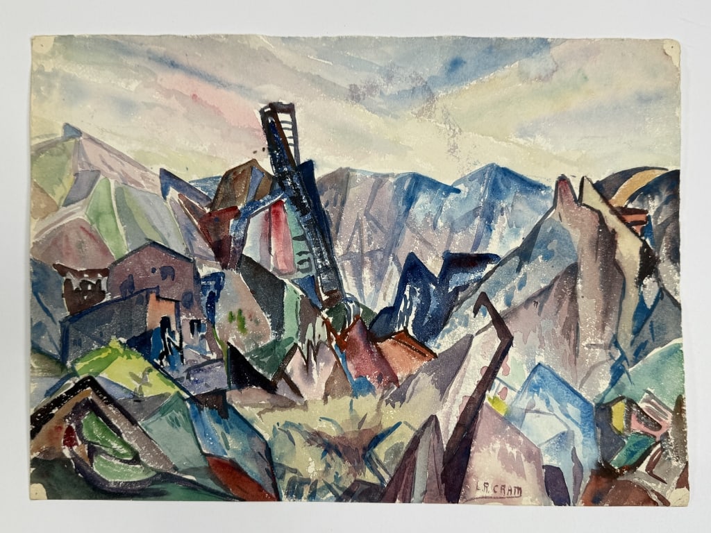 Leighton Cram (1895-1981) Watercolor/Paper: Leighton R. Cram, American (1895-1981) watercolor on paper abstract expressionist landscape scene. Signed lower right. Minor wear along the edges of the work, otherwise in good condition. Measures 12"