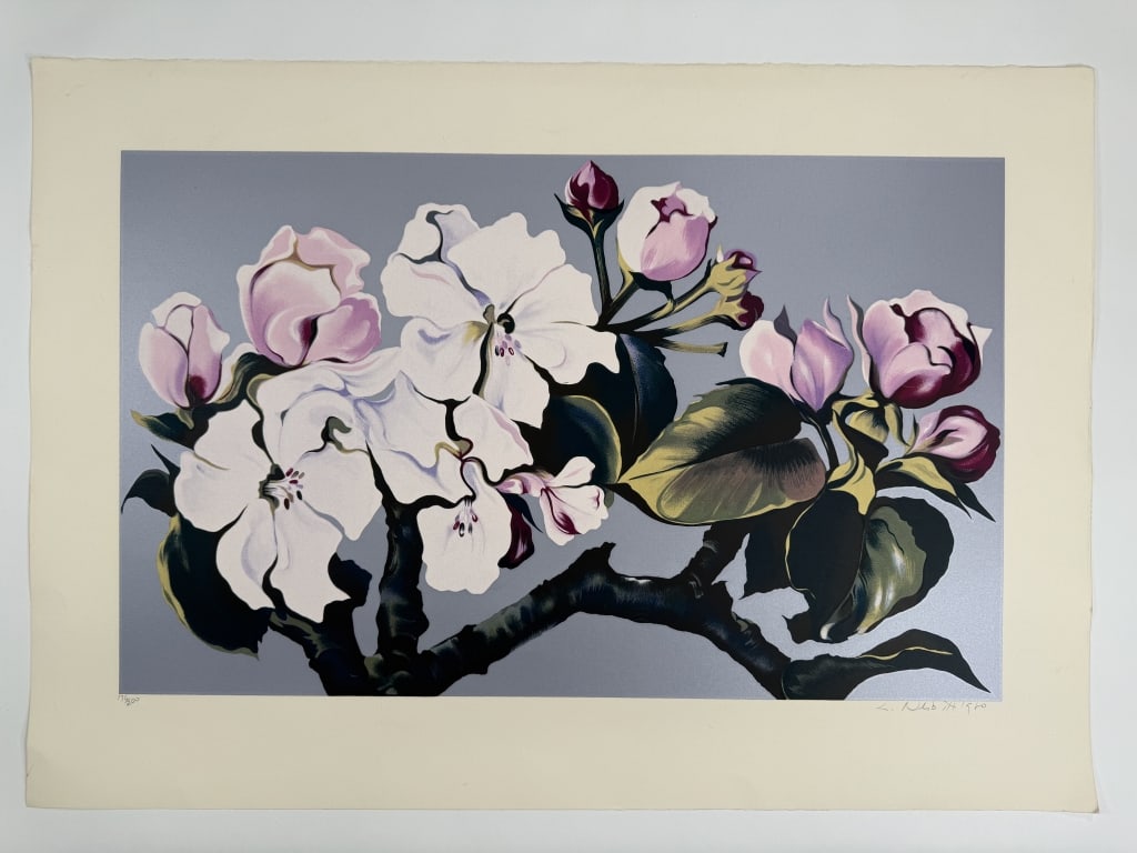 Lowell Blair Nesbitt (1933-1993) Signed Serigraph: Lowell Blair Nesbitt, American (1933-1993) signed serigraph "Apple Blossom". Signed and dated 1980 lower right, numbered 176/200 lower left. Some wear and creasing along the edges of the work, otherwi