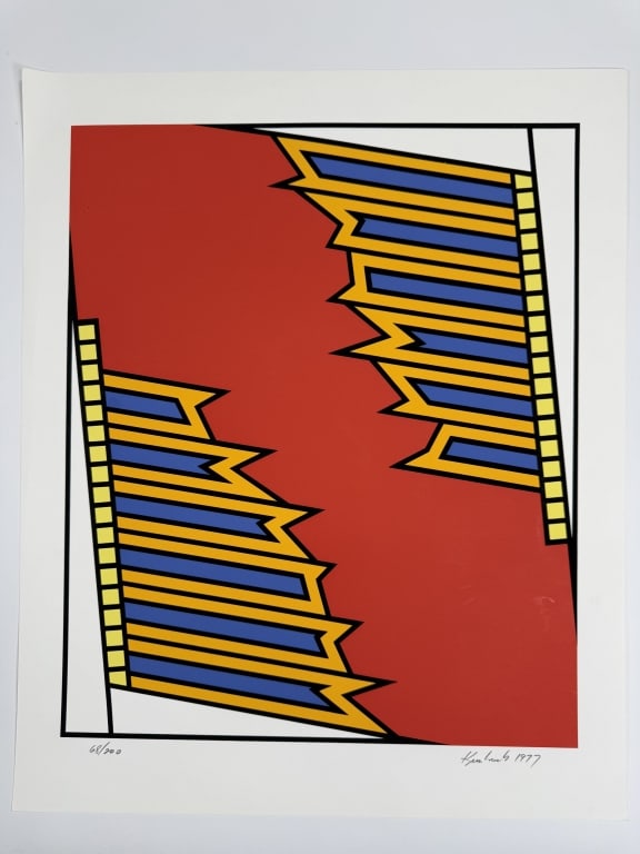 Nicholas Krushenick (1929-1999) Signed Serigraph: Nicholas Krushenick, American (1929-1999) signed serigraph "Silver Liner". Signed and dated 1977 lower right, numbered 68/200 lower left. Minor wear and creasing along the edges of the work, otherwise