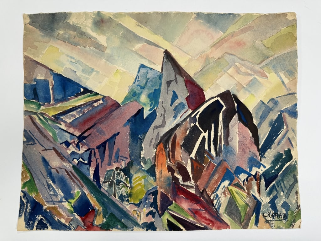 Leighton Cram (1895-1981) Watercolor/Paper: Leighton R. Cram, American (1895-1981) watercolor on paper abstract expressionist landscape scene. Signed lower right. Very minor wear along the edges of the work, otherwise in good condition. Measure